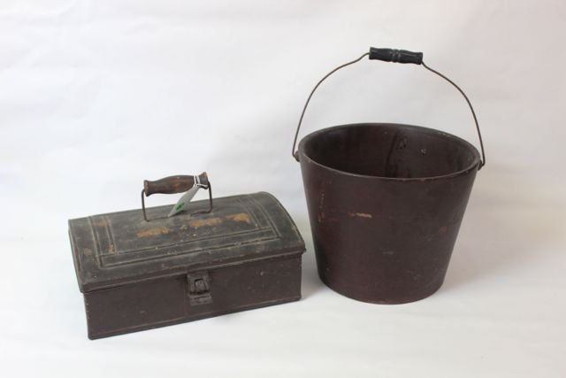 TIN BOX & FIBRE PAIL: PAIL IN ORIGINAL RED - BOX WITH ORIGINAL SURFACE