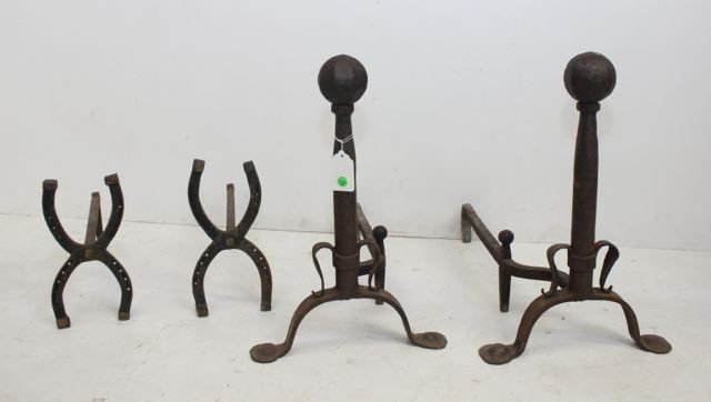 (2) PR. ANDIRONS: ONE PR. HORSESHOE MOTIF UNMARKED 13" AND 22"