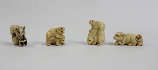 CARVED CHINESE NETSUKES: LOT OF 4 CHINESE NETSUKES - ANIMALS - RAT, OX, RABBIT, AND MOUSE 1" TO 1 3/4"
