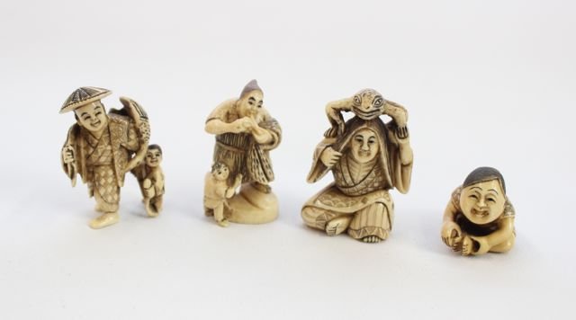 CARVED CHINESE NETSUKES: LOT OF 4 - MEN AND WOMEN FIGURES WITH ANIMALS - ALL SIGNED ON BOTTOM 1" TO 2"