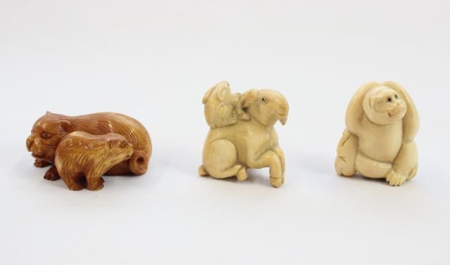 CARVED CHINESE NETSUKES: LOT OF 3 - ANIMALS - MONKEY, RAM W/ RABBIT, AND CATS 3/4" TO 1 1/2"