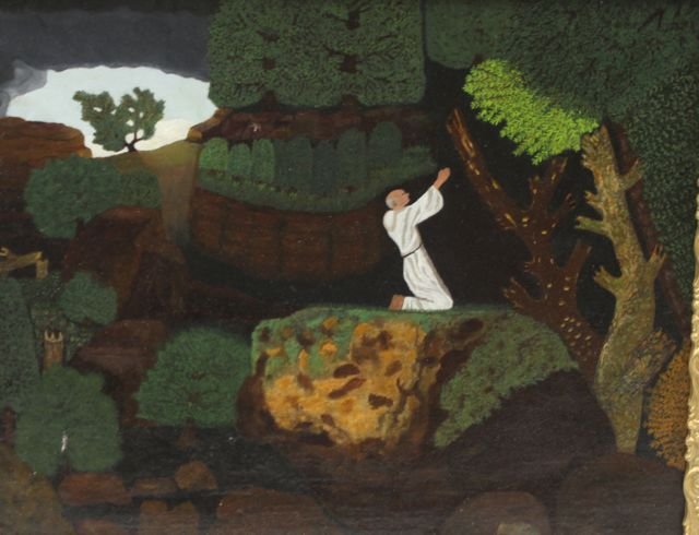 19TH CENTURY O/C: FOLK ART SCENE WITH MAN AND WOODS 15x19 1/2"