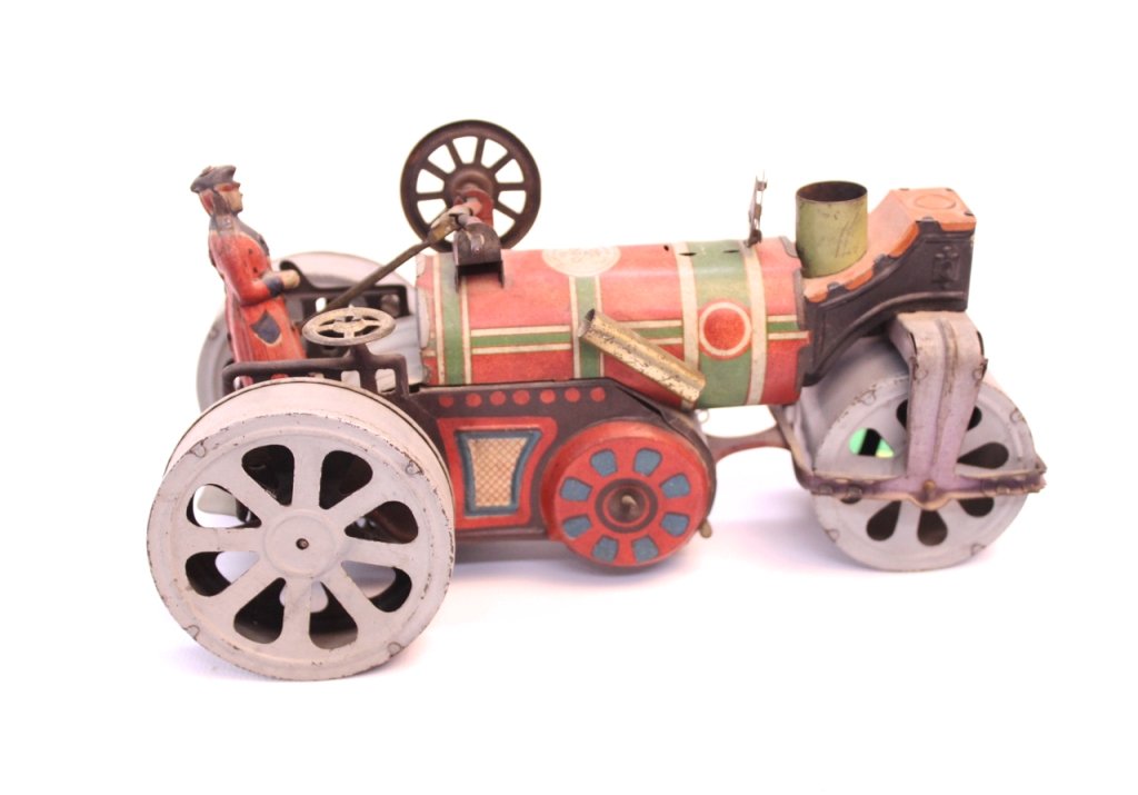 ANTIQUE GERMAN WIND-UP: ANTIQUE GERMAN ORO WERKE TIN WIND-UP STEAM ROLLER 8 1/2"X5"