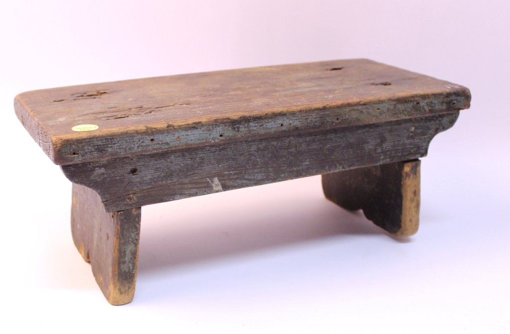 WOODEN FOOTSTOOL: EARLY STOOL IN BLUE PAINT 15"X6"