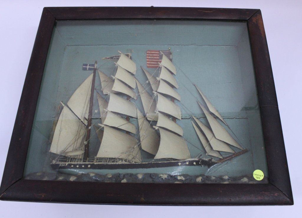SHIP DIORAMA: FLAG MARKED ADOLPH - 48 STAR FLAG - WOODEN CONSTUCTION 20TH CENTURY - IN SHADOW BOX 20" X 17"