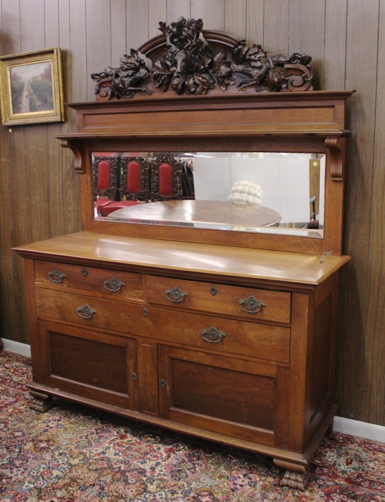 19TH C. CARVED SIDEBOARD: HIGH QUALITY - ORNATE CARVED SIDEBOARD - WITH STAG AND HUNTING DOG MOTIF - WALNUT - 2 DRAWERS OVER ONE DRAWER OVER 2 DOORS - BEVELED MIRROR 63 1/2" X 23" X 83"