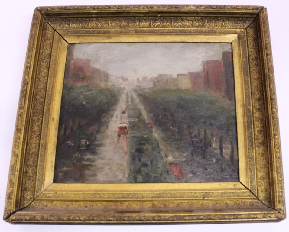 EARLY STREET SCENE: UNSIGNED "CULLEN YATES" NEW YORK CITY STREET SCENE - PAINTED WHILE YATES WAS SICK IN NEW YORK - OIL ON CANVAS 14"x12"