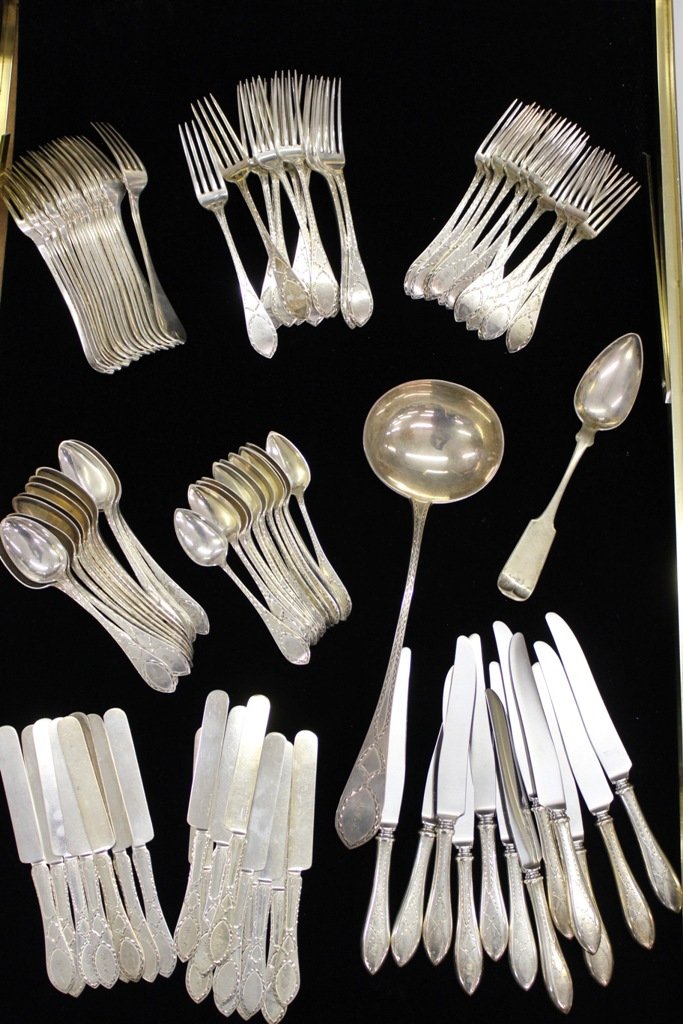 SILVER FLATWARE SET: COIN SILVER FLATWARE SET - BALL BLACK AND CO. 1851-1876 NY - INCLUDING 24 DINNER FORKS - 24 LUNCHEON FORKS - 18 FLAT HANDLE KNIVES - 12 SOUPS - 12 DINER KNIVES - LADLE - PLUS TABLESPOON "MARQUAND AND 