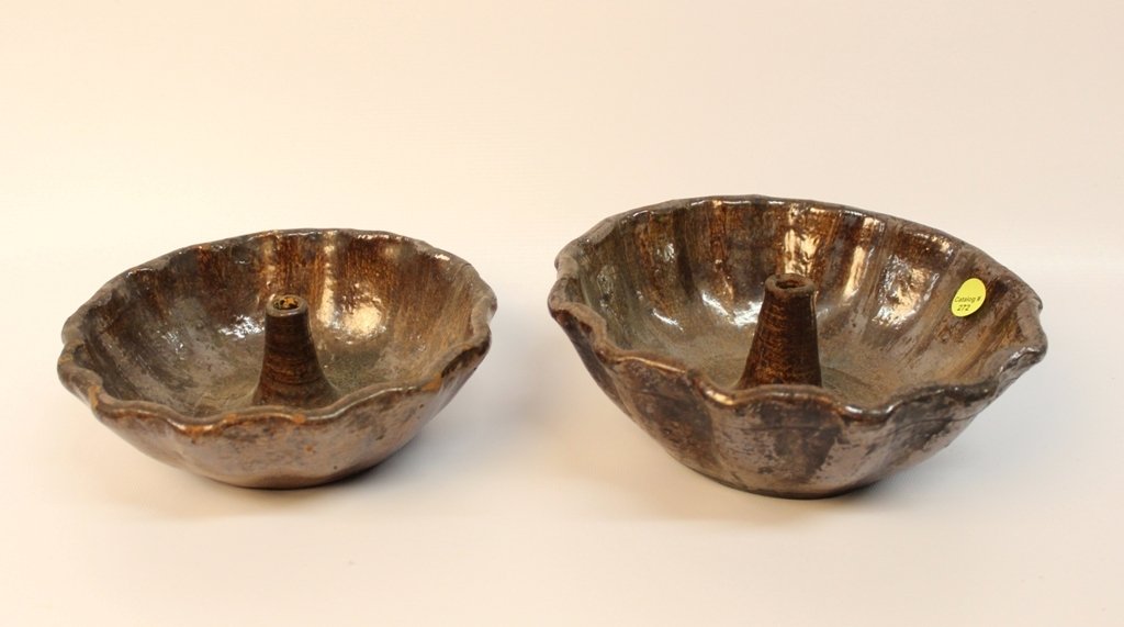 PR. MOLDS: 2 - REDWARE CAKE MOLDS - RUFFLED EDGE WITH BROWN GLAZE 7" TO 8"