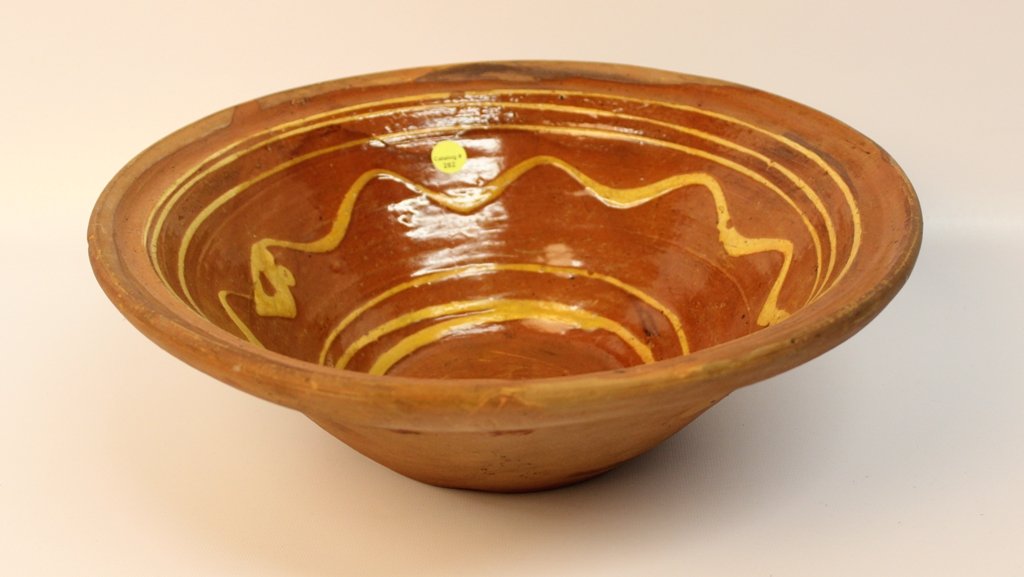 REDWARE BOWL: REDWARE FLARED BOWL WITH YELLOW SLIP DECORATION - 14 1/2" X 5"