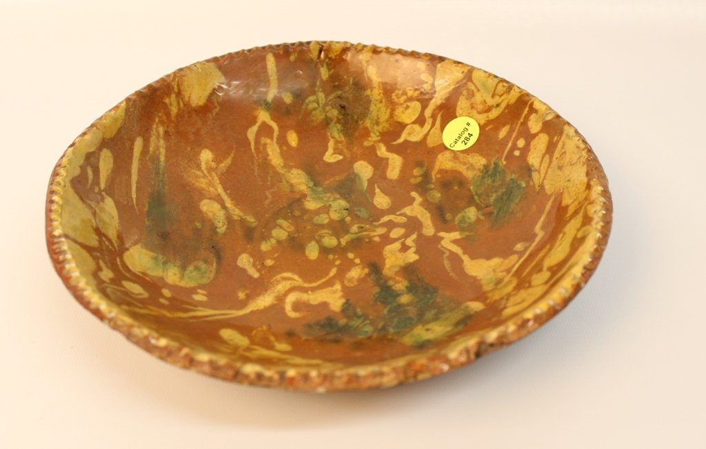 REDWARE PIE PLATE: REDWARE SLIP DECORATED PIE PLATE - WITH COGGLED EDGE 9 1/4"