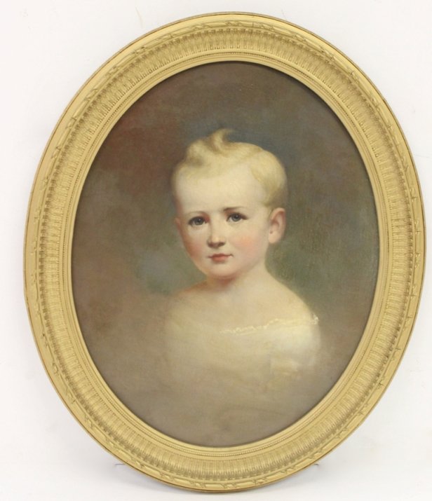 CHILDS PORTRAIT: ATTRIBUTED TO "THOMAS SULLY" - UNTITLED OVAL PORTRAIT IN FRAME - PAPER GALLERY LABEL ON REVERSE "THE ROSENBACH GALLERIES PHILA. - RESTORED BY STEPHEN BERGE BALT. MD - EVALUATED AS A WORK OF THOMAS SUL