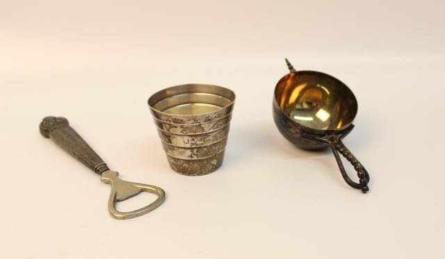 SILVER LOT: TIFFANY AND CO. STERLING CUP #22714 WITH MONOGRAM - STERLING BOTTLE OPENER - SILVER PLATE NAPIER SHOT MEASURESHOT CUP 2" - BOTTLE OPENER 6 1/4"