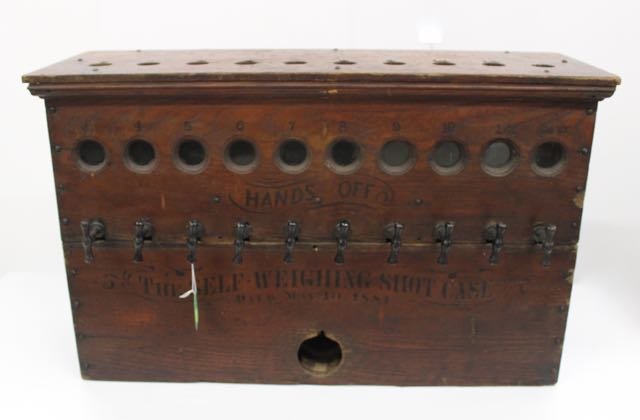 COUNTRY STORE SHOT DISPENSING CABINET: COUNTRY STORE SHOT DISPENSING CABINET - SELF WEIGHING SHOT CASE - PTD MAY 10, 1881 - BY THE VANDERGRIFT MFG OC. VERY RARE IN ORIGINAL CONDITION 29"x8 1/2" X 18 1/2"