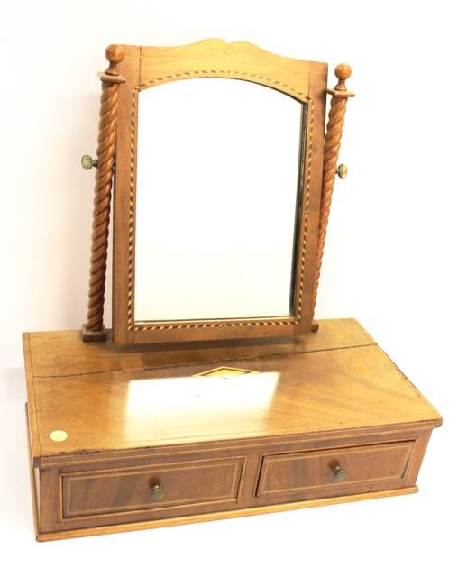 GENTLEMANS DRESSER MIRROR: INLAID TWO DRAWER DRESSER MIRROR WITH ROPE TWIST SIDES 21" X 11" X 22"