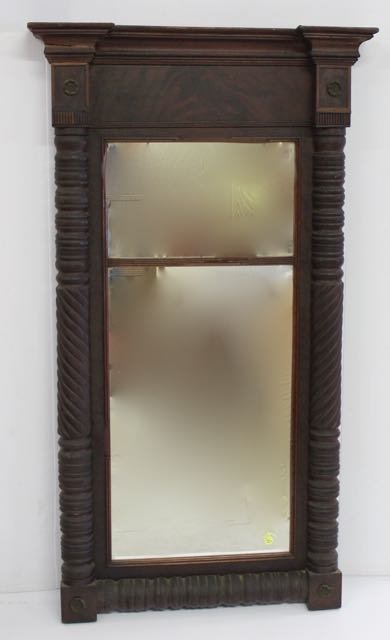 PIER MIRROR: MAHOGANY PIER MIRROR WITH TURNED COLUMN 49 1/2" X 24"