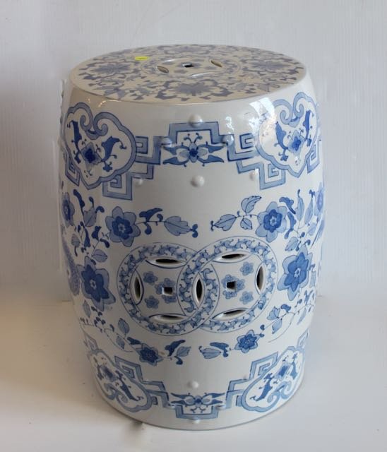 BLUE AND WHITE GARDEN SEAT: CHINESE PORCELAIN GARDEN SEAT WITH OPEN BOTTOM 17 1/2" X 12"