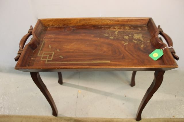 CHINESE TRAY TABLE: FOLDING LEG TABLE WITH BRASS INLAY 26"X13 1/2"X19"