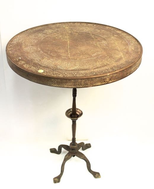 BRASS TOP TABLE: IMPRESSED GEOMETRIC DESIGN BRASS TOP STAND WITH HAND WROUGHT BASE 24"X31"