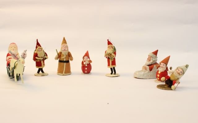 SANTA CLAUS LOT: LOT OF SANTA CLAUS - INCLUDING: CELLULOID SANTA ON SLEIGH WITH REINDEER-PAPER MACHE CANDY CONTAINER CELLULOID SANTAS MADE IN JAPAN PAPER MACHE SANTA SMALL DAMAGE IN FRONT.