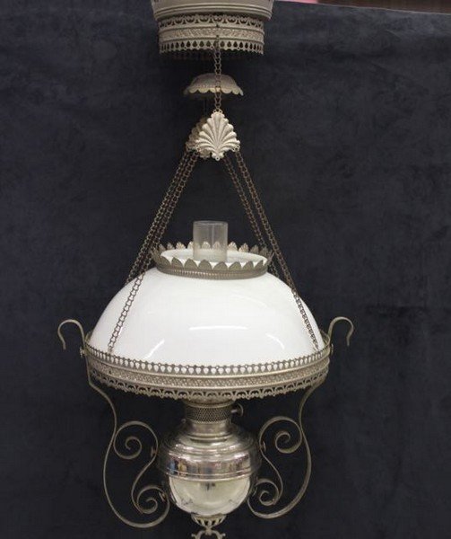 RAYO HANGING LIGHT: RAYO STORE FIXTURE WITH HALF SHADE, NICKLE PLATE, ALL ORIGINAL. 36" X 19"