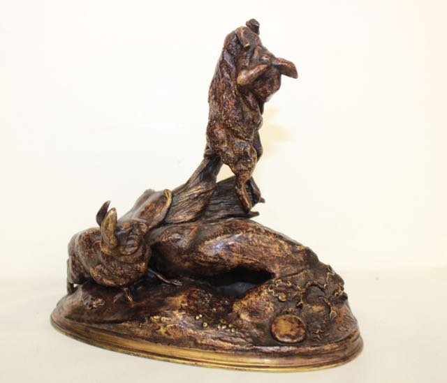 BRONZE SCULPTURE: BRONZE SCULPTURE SIGNED AUGUSTE NICHOLAS CAIN (FRENCH) 1822 - 1894 RABBITS. 6" X 7"