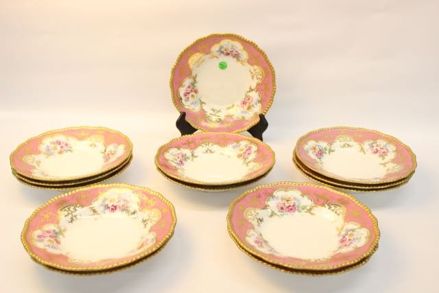 LOT OF CREAM SOUPS: SET OF 13 L BERNARDAUD & CO LIMOGES FRANCE CREAM SOUP WITH PINK AND GOLD OVERLAY AND FLORAL MOTIF. 9"