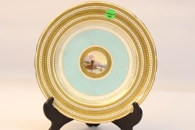 MINTON PLATE: HAND PAINTED AND ENAMELED PLATE WITH EUROPEAN LANDSCAPE SCENE. 9.5"