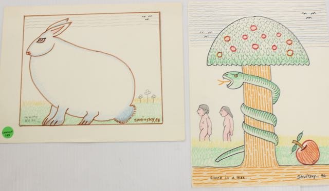 PAIR OF JACK SAVITSKY'S: (2) 9X12 JACK SAVITSKY DRAWING DATED 88 AND '90, TITLED SNAKE IN A TREE AND THE WHITE HAIR. 9'" X 12"