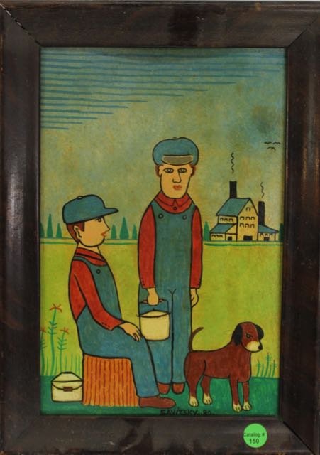 JACK SAVITSKY: OIL ON BOARD, DATED LOWER RIGHT, SAVITSKY 80, (2) COAL MINERS WITH DOG,. 8": X 12"