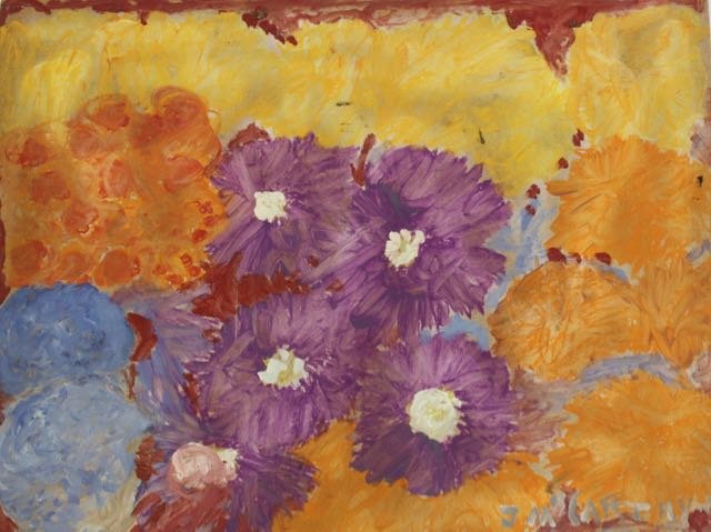JUSTIN MCCARTHY: OIL ON BOARD, SIGNED LOWER RIGHT 1968 ON REVERSE, "FLORAL". 18" X 24"