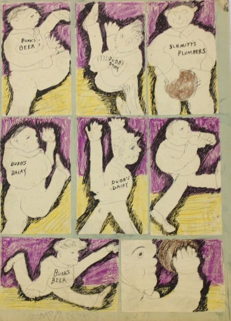 JUSTIN MCCARTHY: HAND DONE DRAWING ON PAPER - HAND COLORED SARTGOON SKETCHES (8) TOTAL WORKS. 10" X 14"