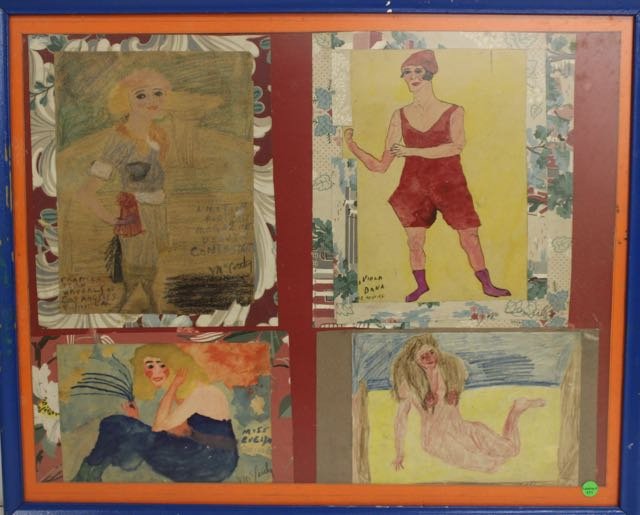 JUSTIN MCCARTHY: FRAMED SET OF 4 DRAWINGS, FRANCES JEAN WAVERLY OF LOS ANGELES 1921, VIOLA DANA THE MOVIES, MISS EVELYN GOSNECK, AND NUDE. HAND COLORING AND WATER COLORS. 21": X 27"