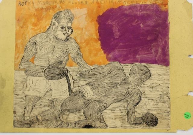 JUSTIN MCCARTHY: HAND COLORED DRAWING ON PAPER "ROCKY MARCIANO FLOORS ACCHIE MOORE". 16.5" X 14"