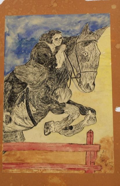 JUSTIN MCCARTHY: WOMAN RIDING HORSE, HAND DONE DRAWING AND WATER COLOR. 12" X 18"