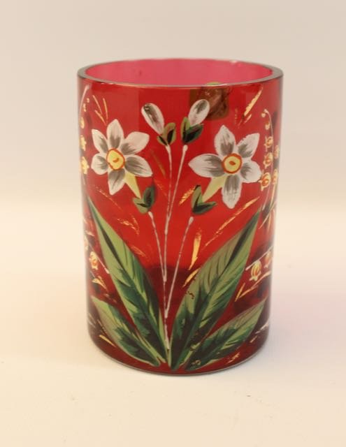 PICKLE CASTER INSERT: CRANBERRY COINSPOT ART GLASS PICKLE CASTER INSERT WITH HAND PAINTED FLORAL DESIGN. 4 1/2"