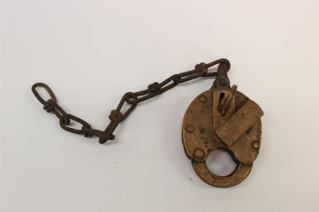 BRASS RAILROAD LOCK WITH KEY: MARKED LVRR RAILROAD LOCK WITH KEY.