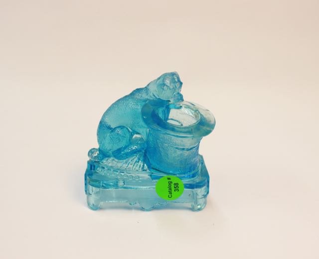 VICTORIAN BLUE GLASS: DOG WITH HAT TOOTHPICK HOLDER. 3.5" X 3"