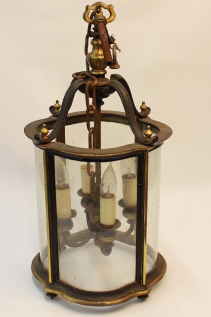 EARLY HANGING LIGHT: CAST IRON AND BRASS HANGING FIXTURE, HAS BEEN ELECTRIFIED. 23"H