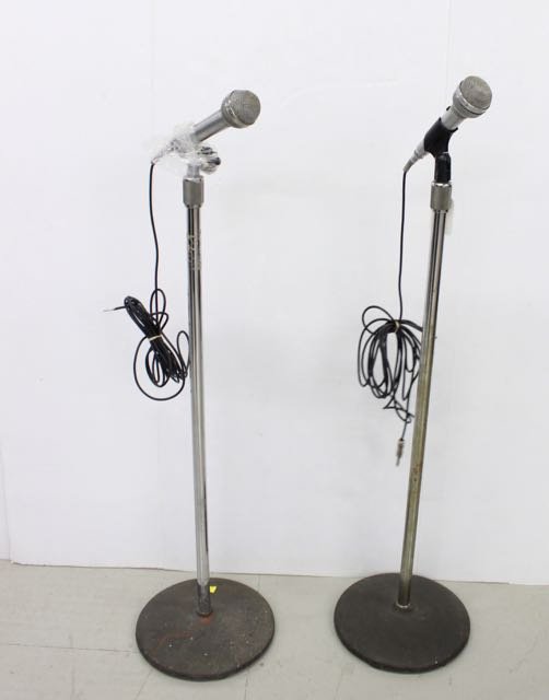 DYNAMIC MICROPHONES: (2) DYNAMIC UNISPHERE A MICROPHONES MODEL 5855A- HIGH IMPEDANCE WITH 2 STANDS.
