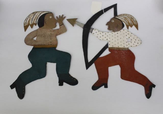 PAIR OF FOLK ART INDIANS: PAIR OF FOLK ART INDIANS MADE OUT OF METAL WITH ORIGINAL PAINT. 15" X 8"