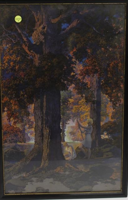MAXFIELD PARRISH PRINT: MAXFIELD PARRISH PRINT "GOLDEN HOURS" WITH ORIGINAL LABEL ON REVERSE - COPYRIGHT 1927 Dimensions: 22"X14"