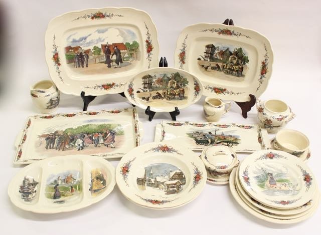 OBERNAI FAIENCERIES SARREGUEMINES DISH SET: 18 PIECE WITH SERVING PLATTERS AND PLATES - SOUPS - SUGAR AND CREAMER - BUTTER TUBS Dimensions:
