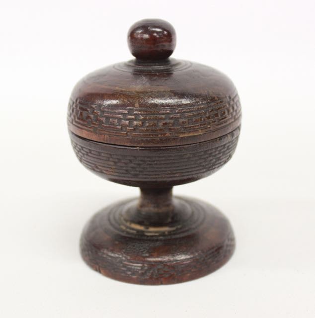 TREEN COVERED SALT: TREEN WARE COVERED SALT - ORIGINAL FINISH WITH PENCIL WRITING TO BASE Dimensions:4"x3"