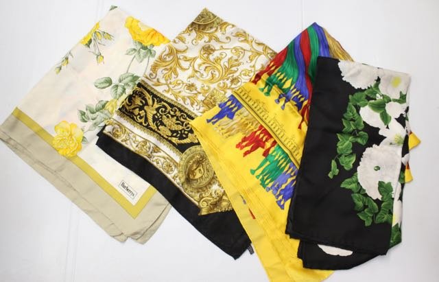 LOT OF SILK SCARVES: ONE BY CARLISLE, BURBERRY, AND 2 OTHERS 34"X34"