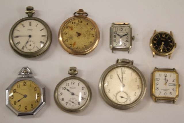 LOT OF WATCHES: 8 WATCHES INCLUDING - INGERSOLL JUNIOR POCKET WATCH, MONTAUK POCKET WATCH, WESTCLOX POCKET BEN, VIGILANT POCKET WATCH, INGERSOLL MIDGET POCKET WATCH, GRUEN WATCH FACE, WALTHAM WATCH FACE, AND LORUS WA