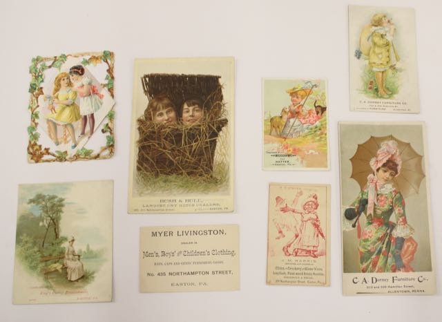 LOT OF EARLY LOCAL NORTHAMPTON ADV. PC'S: C.A. DORNEY FURNITURE CO. ALLENTOWN PA, KING'S DYEING ESTABLISHMENT EASTON, BUSH AND BULL EASTON, WOODRING "THE HATTER" EASTON, J.M. HARRIS EASTON PA, AND MYER LIVINGSTON EASTON PA