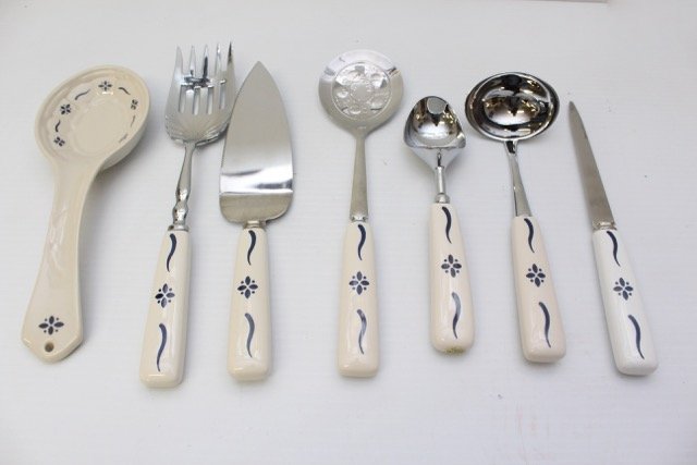 Longaberger Pottery: 7 PC Woven Traditions Spoon Rest, Serving Utensils, Etc. (Blue)