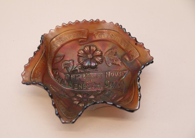 CARNIVAL GLASS BOWL: ISAAC BENESCH MILLERSBURG ADVERTISING BOWL IN AMETHYST 6 1/2"