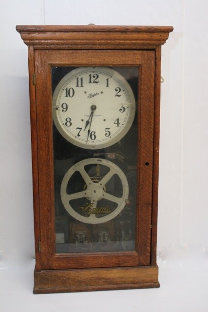 SIMPLEX TIME RECORDER MASTER CLOCK: SIMPLEX TIME RECORDER CO. - OAK CASE 17"W X 7"D X 34"H